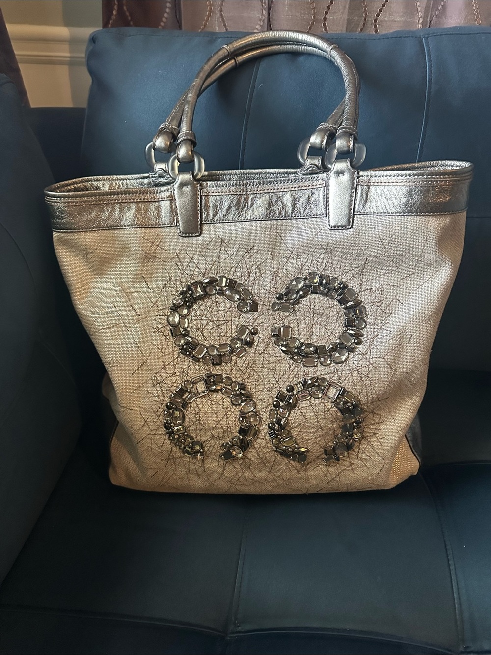 Coach Metallic Silver Tote Bag Jeweled Rare 18 x 15 x 4